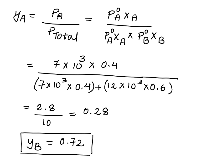 Liquids A and B form an ideal solution in the entire composition range . At 350 K , the vapor pressures of pure A and pure B are 7⨯103 Pa and 12⨯103 Pa, respectively. The composition of the vapor in equilibrium with a solution containing 40 mol percent of A at this temperature is