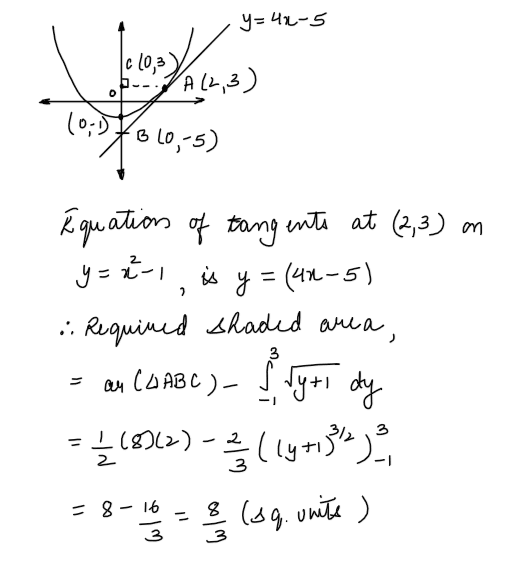 JEE Mains 2019 Question Paper with Solutions The area (in sq. units) bounded by the parabola y=x2-1, the tangent at the point (2,3) to it and y-axis is
