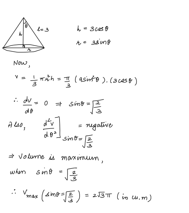 The maximum volume (in cu.m) of the right circular cone having slant height 3 m is: