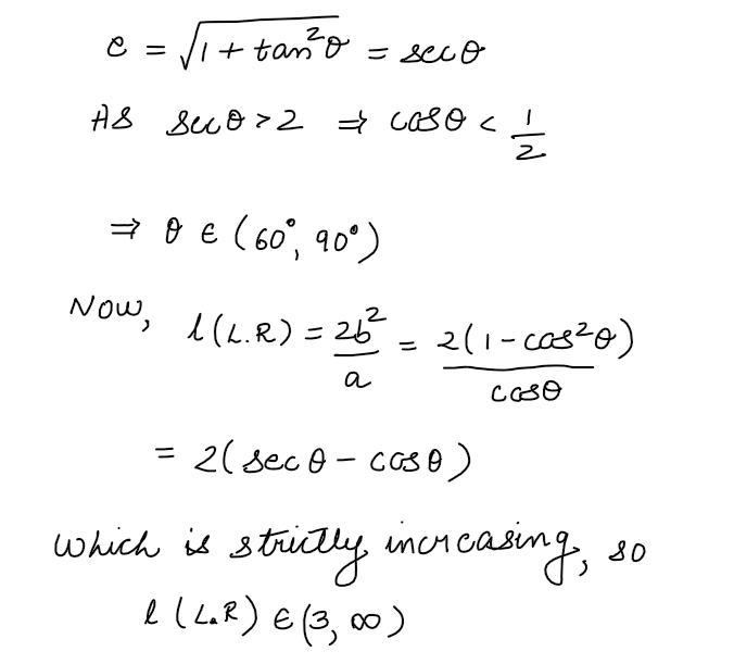 Let 0<θ<π/2. If the eccentricity of the hyperbola is greater than 2, then the length of its latus rectum lies in the interval JEE Mains 2019 Question Paper with Solutions