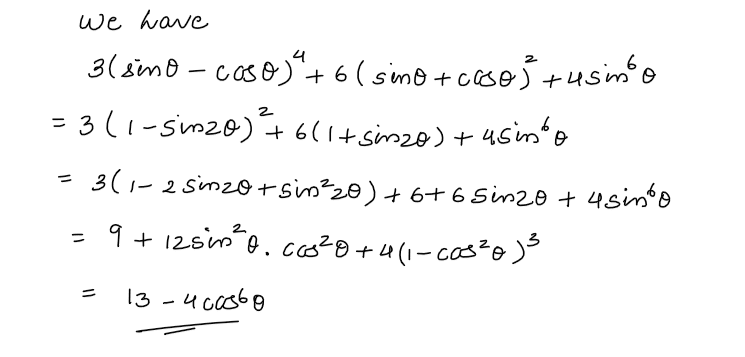 JEE Mains 2019 Question Paper with Solutions For any θ ∈ (π/4, π/2), the expression 3(sinθ - cosθ)4 + 6(sinθ + cosθ)2 + sin6θ equals