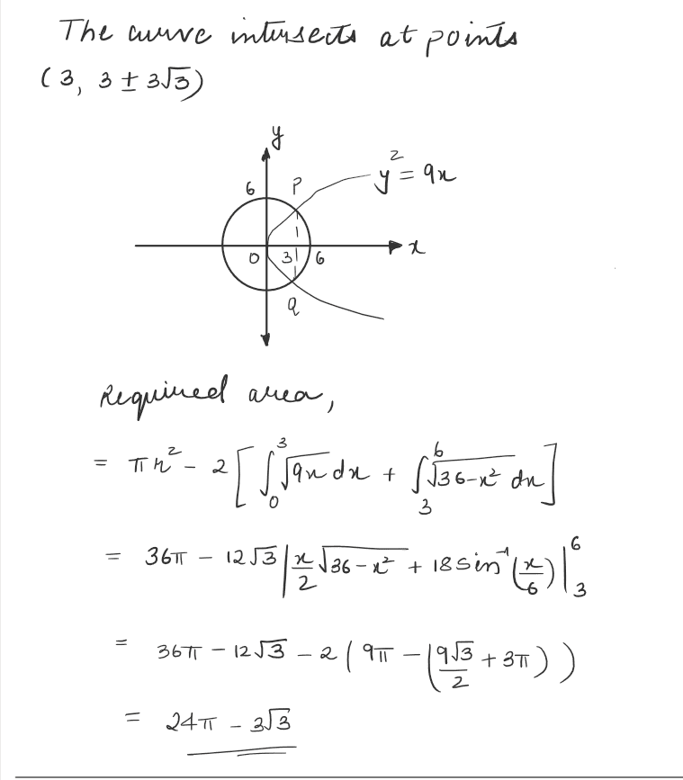 The area bounded by region inside the circle x2+y2=36 and outside the parabola y2=9x is