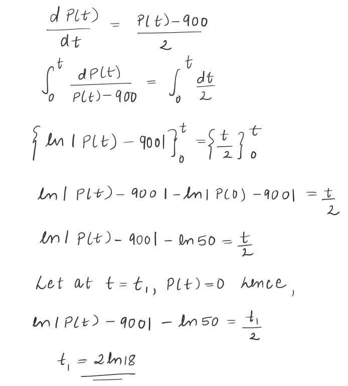 Population of a town at time t is given by the differential equation dP/dt=0.5P(t)-450. Also P(0)=850, find the time when population of town becomes zero JEE Mains 2021 solved question paper