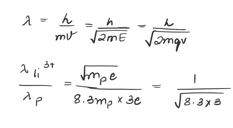 A proton & Li3+ are accelerated through same potential difference. If mass of Li3+ is 8.3 times the mass of proton, then find the ratio of de-Broglie wavelength λLi3+ / λp