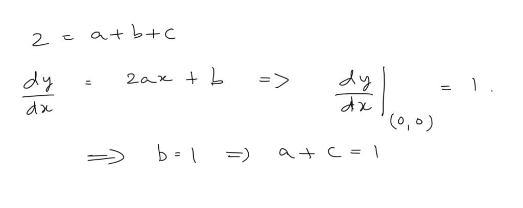 A curve y=ax2+bx+c passing through the point (1, 2) has slope at origin equal to 1, then ordered triplet (a, b, c) may be JEE Main 2021 solved question paper