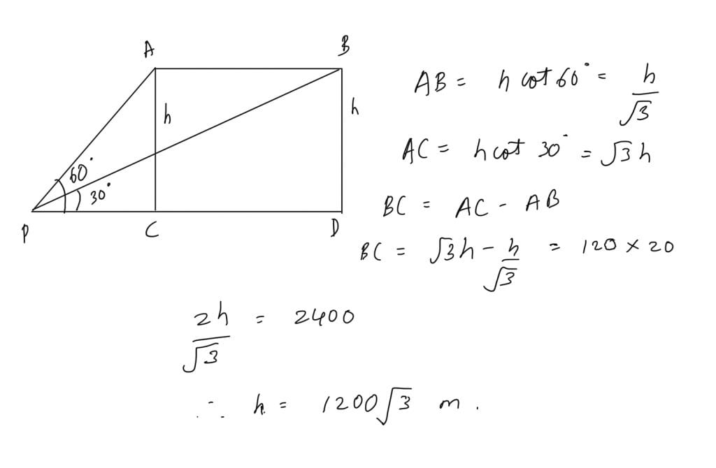 A plane is flying horizontally with speed 120 m/s. Its angle of elevation from a point on ground is 60° . After 20s angle of elevation is 30° . Find height of plane