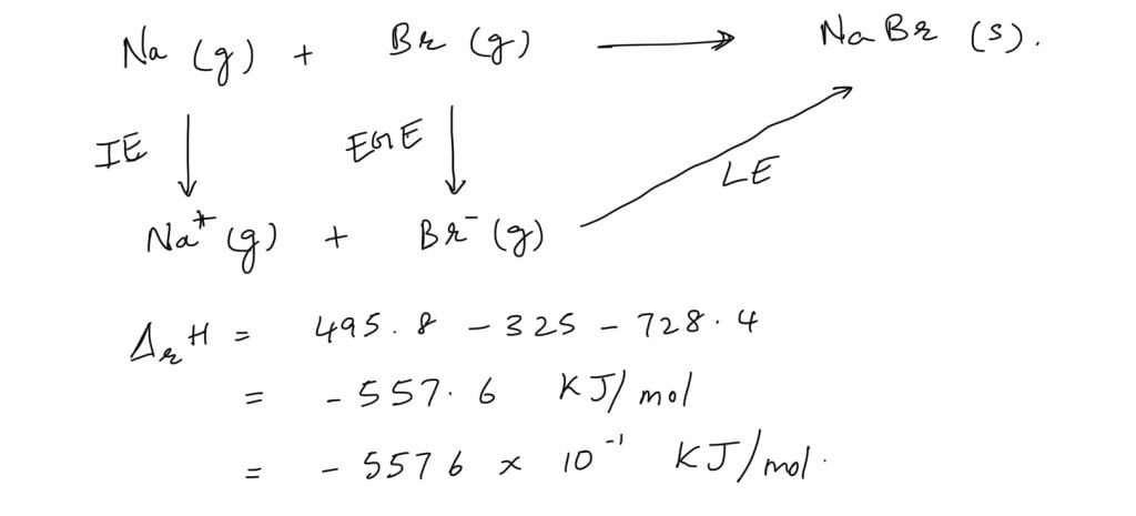 The ionization enthalpy of Na+ formation from Na(g) is 495.8 kJ mol–1, while the electron gain enthalpy of Br is –325.0 kJ mol–1 JEE Main 2021 Answer Key