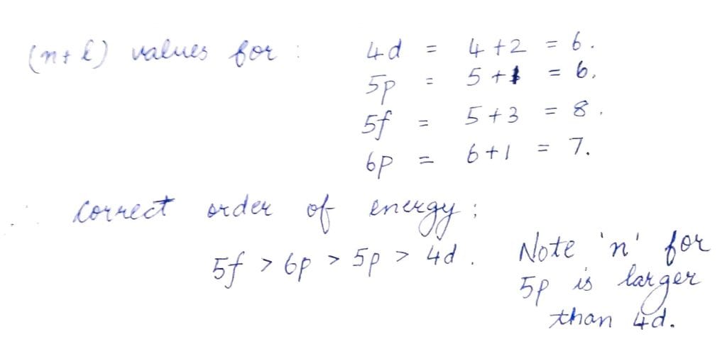 4d, 5p, 5f and 6p orbitals are arranged in the order of decreasing energy. The correct option is NEET 2019 Solved Question Paper